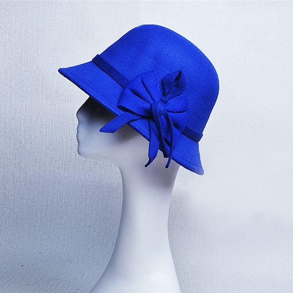 

elegant women round bowler cap imitation wool bowknot fedoras cotton cloche bucket hat vintage brim chapeu feminino yg613, Blue;gray
