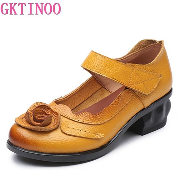 

gktinoo 2019 retro style handmade leather shoes women thick with heels flowers pumps round toe high heels, Black