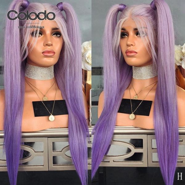 

colodo 180% straight wig purple pink human hair wig brazilian remy ombre 13x6 lace front transparent lace wigs with babyhair, Black;brown
