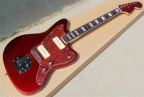 Chitarra elettrica rossa Firm Direct Metal con pickup P90, tastiera in palissandro, battipenna con guscio di tartaruga rossa, personalizzabile.