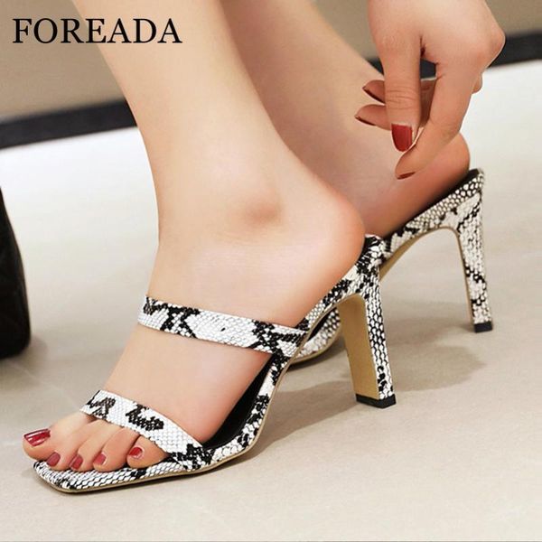 

foreada women slides square toe high heels narrow band slippers snake print thick heels shoes ladies sandals summer big size 46, Black