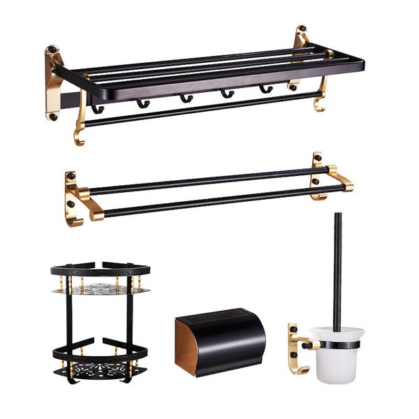 

black & gold bathroom hardware set paper holder towel bar robe hooks toilet brush holders shelves bathroom accessories