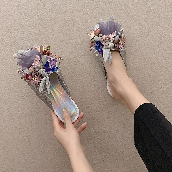 

shoes women string bead low cover toe woman's slippers glitter slides butterfly-knot fashion soft 2020 jelly flat pu, Black