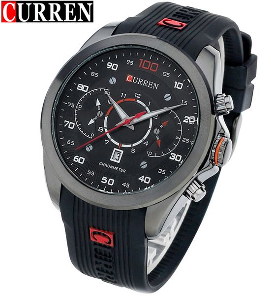 

curren mens leisure sports quartz watches black silicone waterproof strap men clock relogio masculino, Slivery;brown