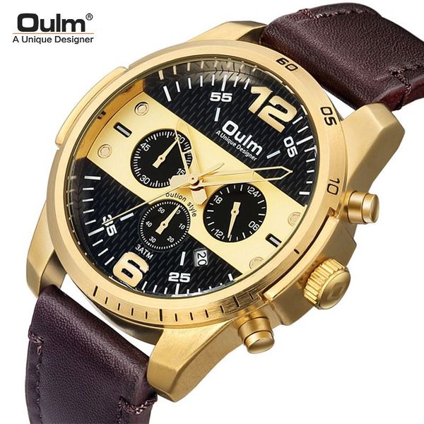 

oulm leather casual six-needle men's watch luxury brand quartz watch waterproof six eye watch, Slivery;brown