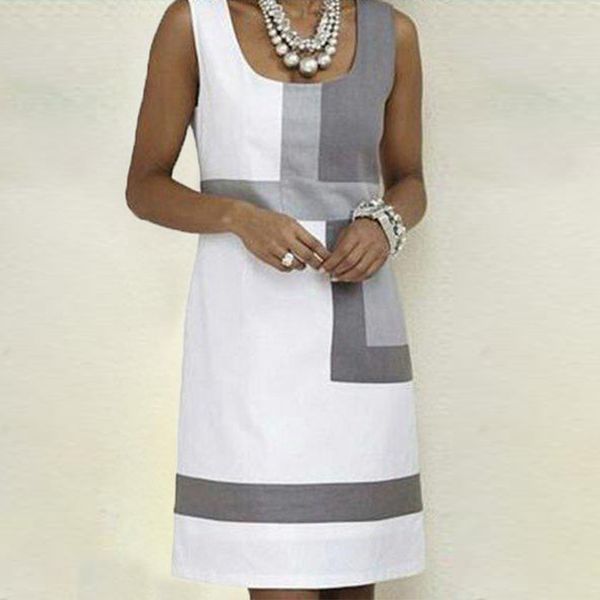 

women casual dress midi dress o-neck shift geometric print sleeveless mini dresses casual office elegant costumes vestido femme, Black;gray