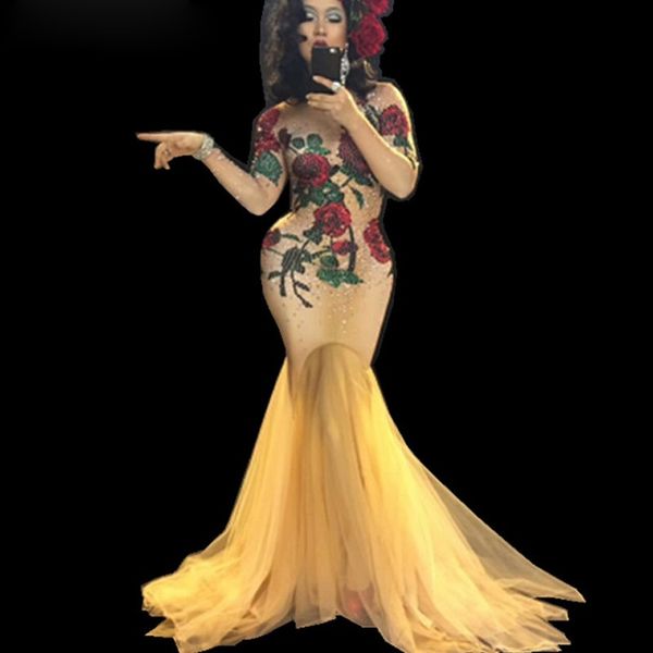 

multicolor stones rose flowers red green rhinestones long dress stage wear nude stretch nightclub female singer evening outfit, Black;red