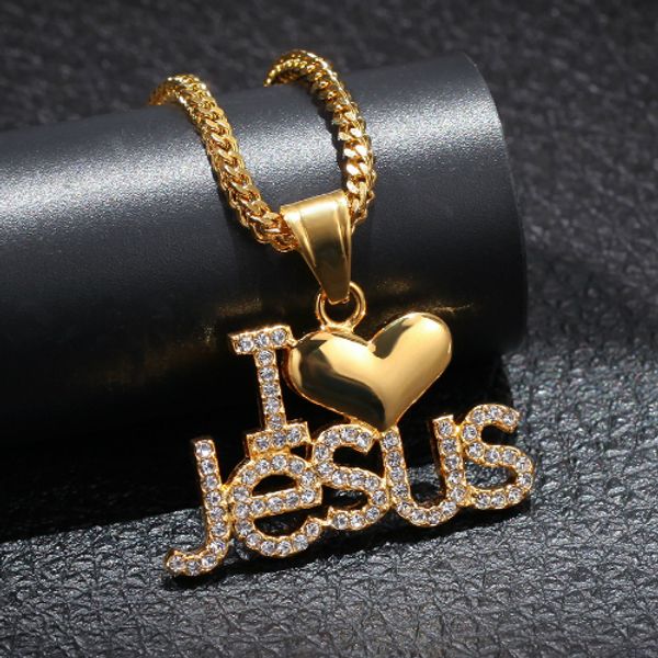 2019 neue Herren Hip Hop Gold Edelstahl I Love Jesus Herz Anhänger Halskette Kette Iced Out Diamant Initial Rapper Schmuck Geschenke für Männer