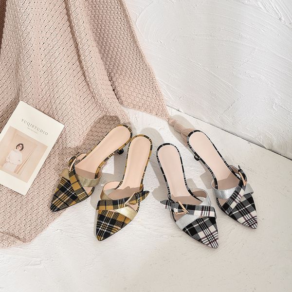 

new style pointed-toe plaid sandals classic thin heeled sandals after empty lazy rubber sole comfortable women's shoes, Black