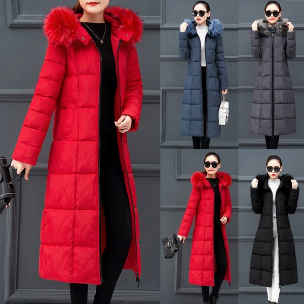 

2019 women coat fashion outerwear warm faux fur hooded coat long cotton-padded jacket pocket parka womens winter coats f1, Black