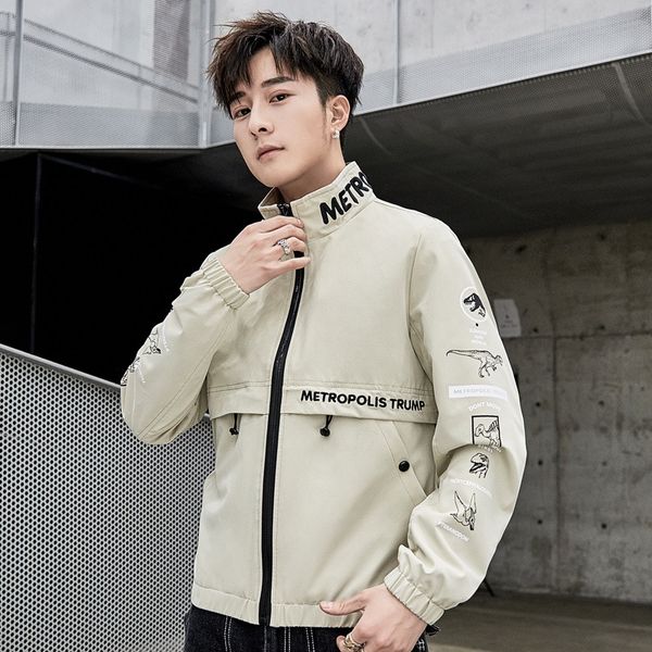 

2019 spring new style stand collar trend jacket men jacket embroidered printed men casual versatile, Black;brown