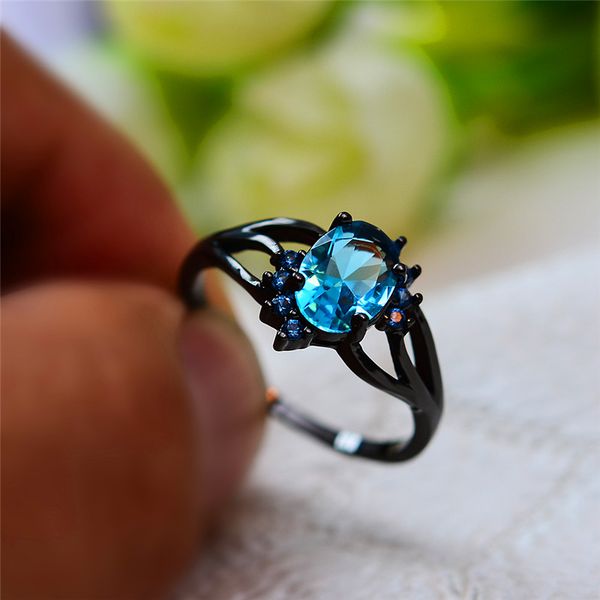 

charm female light blue stone ring luxury big black gold engagement ring fashion vintage solitaire wedding rings for women, Golden;silver