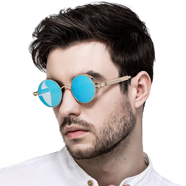 

blue round steampunk sunglasses men women brand designer gothic steampunk goggles glasses retro metal frame punk sun glasses, White;black