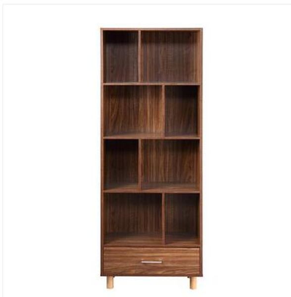 

walnut wood standard bookcase with 8 open storage compartments and one drawer