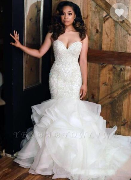 

2019 Sweetheart Organza Mermaid Wedding Dresses Beads Layered Ruffles Plus Size Wedding Bridal Gowns robe de mariée