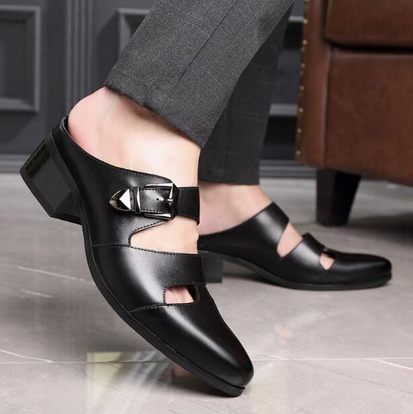 

classic fashion man high heel sandals black genuine leather cut-outs pointed toe shallow mouth middle heel summer sandals quality men's