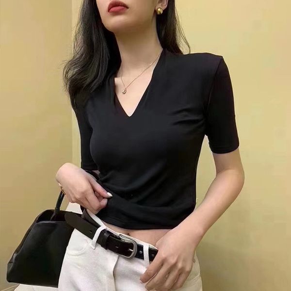 

2020 summer clothes fashionable european t- clothing base shirt western style v-neck slim short-sleeved t-shirt female, White