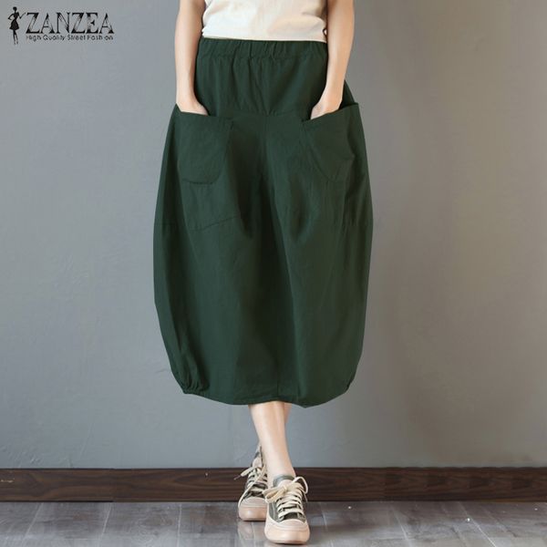 

2019 summer zanzea women high elastic waist cotton linen skirts pockets casual loose midi skirt baggy party jupe faldas, Black;gray