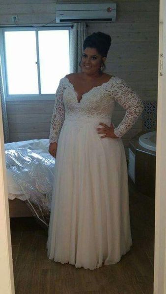 

elegant plus size beach wedding dress v neck with illusion long lace sleeves chiffon vestidos de novia wedding dresses bridal gowns, White
