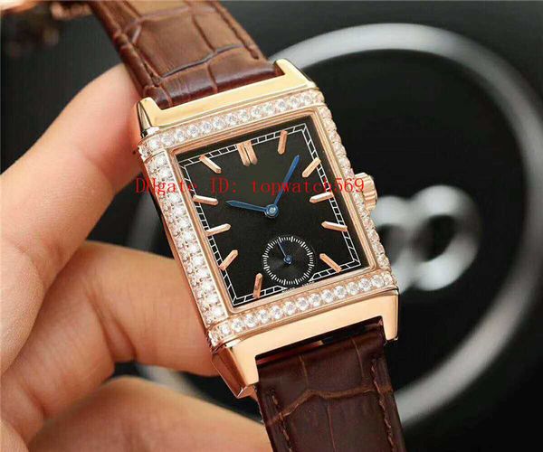 

new diamond watch reverso watch rectangular mens watch swiss automatic 28800 vph diamond bezel rose gold case sapphire super water resistant, Slivery;brown