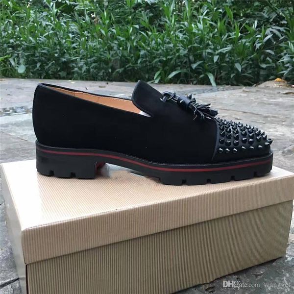 

with box,eu35-46] tassel spikes low red bottom sneakers shoes women,men luxury flat casual tire bottom trainers, Black