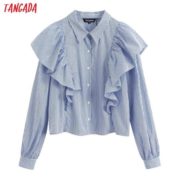 

tangada women blue striped ruffle shirts 2020 spring fashion long sleeve elegant office ladies work wear blouses be160, White