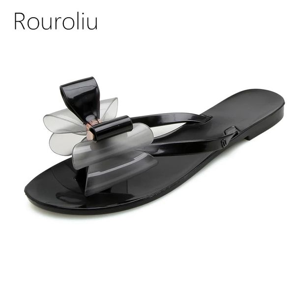 

rouroliu women summer outside flip flops fashion comfortable non-slip bowknot slippers flat heel jelly beach shoes woman rb266, Black
