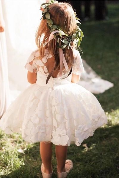 

short sleeves flower girl dresses with flowers for wedding party, White;blue