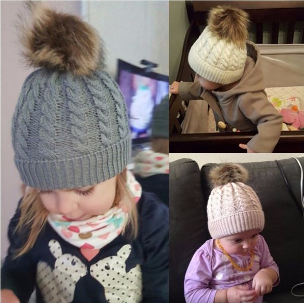 Baby Warm Twist Wool Hat Knit Cap Com Bola Inverno Soft Beanie Crianças Earmuffs 8 Cores Para 0-2 Anos Velho Atacado