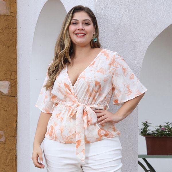 

women's blouses & shirts deep v-neck women slim waist belted flare short-sleeve plus size floral print large summer 2021, White