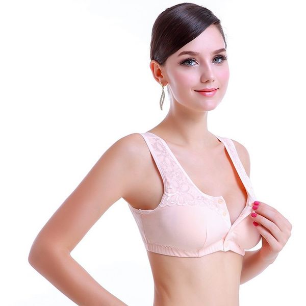 

women solid color casual wirelss bra front button wireless cotton comfort bra pink grey nude plus size, Red;black