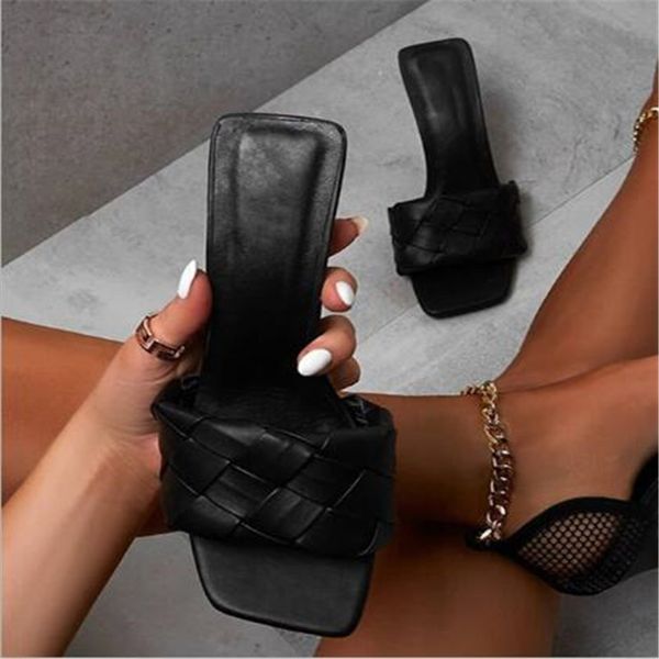 

popular weave gingham solid pu leather open toe outdoor womens slippers stiletto lady shoes sandals size 35-42, Black