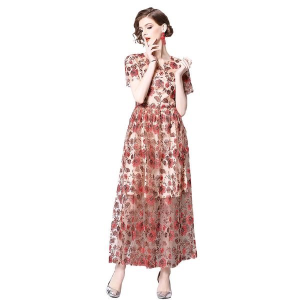 

heavy floral embroidered woman party dress summer new short sleeve a-line long dresses elegant dress star style woman, Black;gray