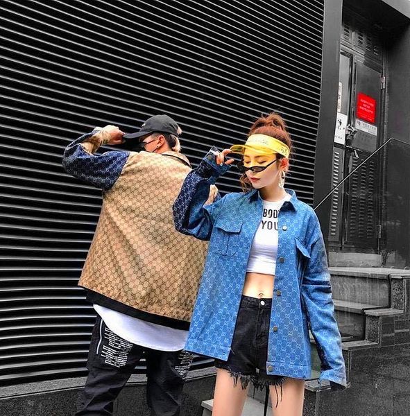 

women coat denim print cool jacket button classic loose street slovers ins fashion brand classic ladies spring summer jacket, Black;brown