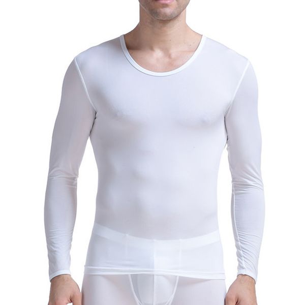 

mens undershirts long sleeve ice silk sheer t shirts transparent ultra-thin tee shirts fitness male sleepwear ondershirts, Black;brown