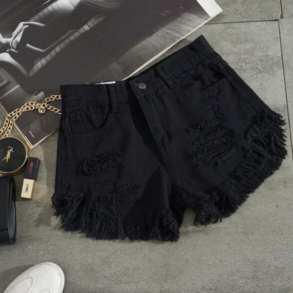 

women high waist hole ripped denim shorts summer black streetwear tassel mini denim shorts dv378, White;black