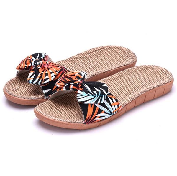 

2020 fashion summer flower women's shoes durable flax linen ladies slippers comfortable flat non-slip sandals cartera mujer, Black