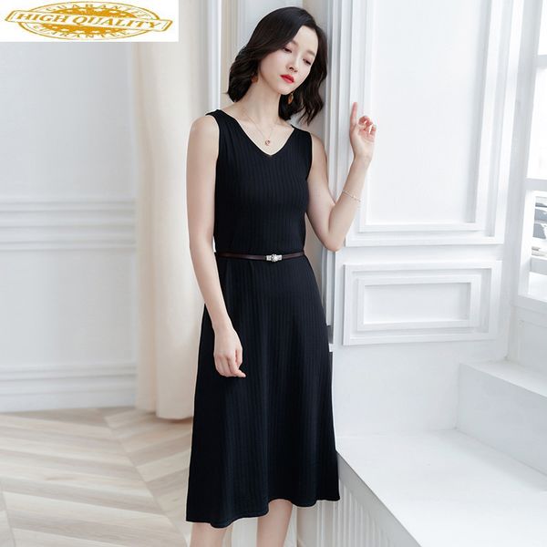 

spring summer knitted dress women elegant sweater midi dress black sleeveless casual v neck vestidos mujer kj2098, Black;gray