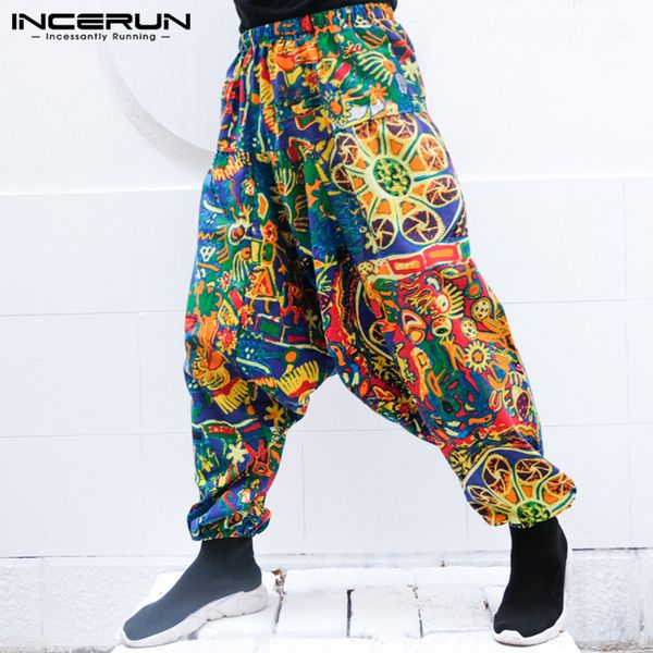 

incerun men harem pants drawstring loose casual cross-pants men hip-hop printed vacation baggy boho trousers streetwear 2019, Black