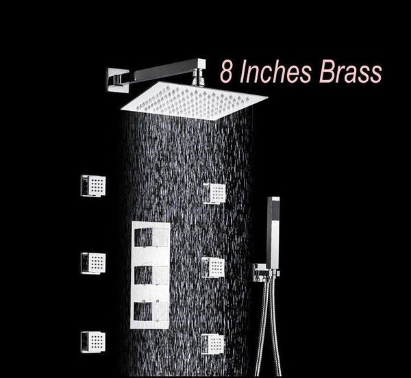 

polished chrome 8" brass rain shower faucet thermostatic mixer tap with massage jets