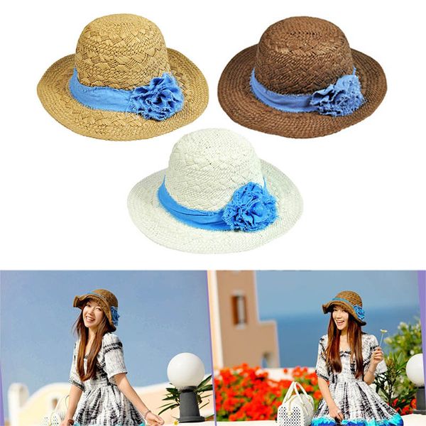 

ladies straw hat wide brim cloth wrap sun beach shield cap for summer fs99, Blue;gray