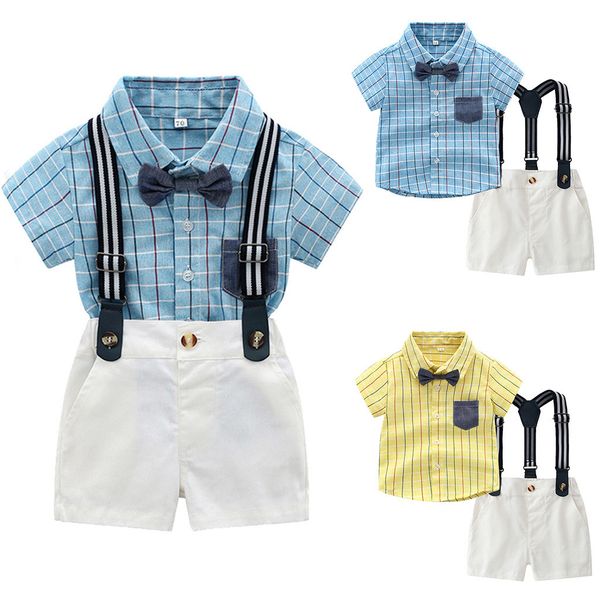 

toddler boy clothes gentleman bow tie plaid t-shirt +shorts overalls outfits vetement enfant garcon roupa infantil summer, White