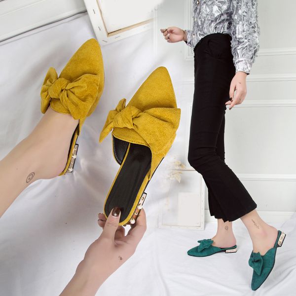 

suede bowtie slippers women mules pointed toe pearl metal square ladies low heels shoes outside fashion female slides summer new, Black