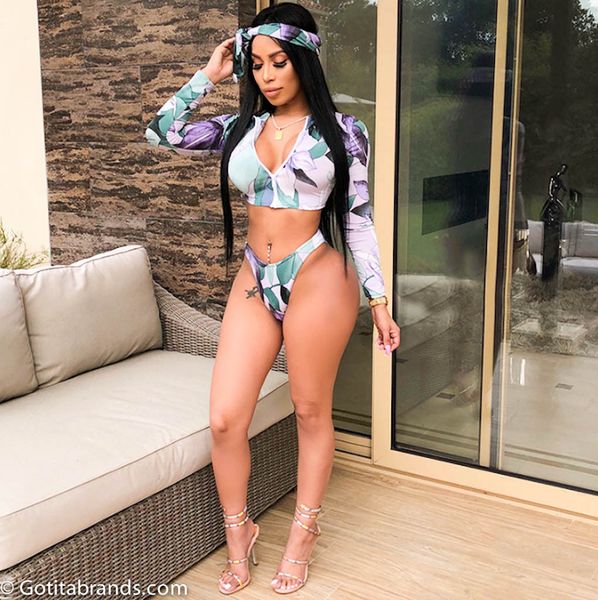 

women's padded push-up bikini set printed long sleeve clothes swimwear beachwear bathing suit two-piece suits