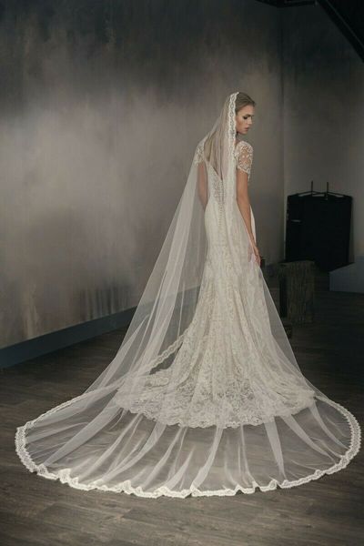 New Simple White Ivory Wedding Veil 1t Cathedral Bridal Veil Lace