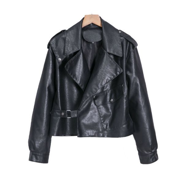 

2019 autumn loose pu leather lapel short jacket for womemn buckle casual faux leather motorcycle jacket black coat