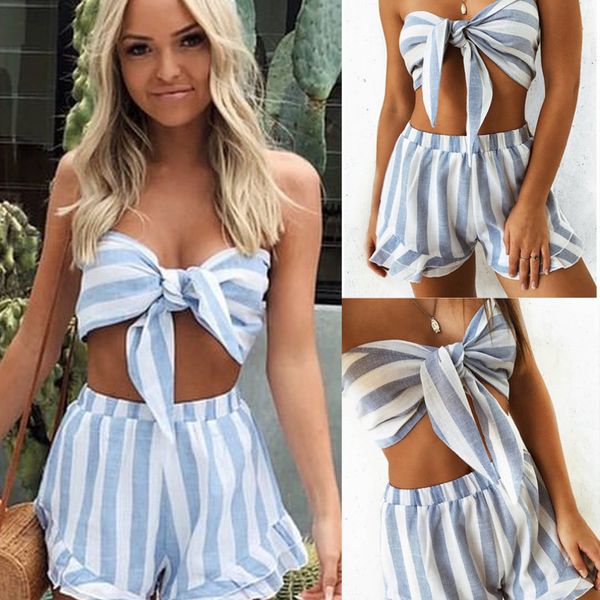 

2019 women wind stripe female suit strapless wrapped chest strap shorts, White