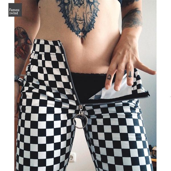 

молния плед клетчатых прямые брюки женщин способ вскользь тонких карманы длинные брюки черного карандаш белого pantalon femme, Black;white