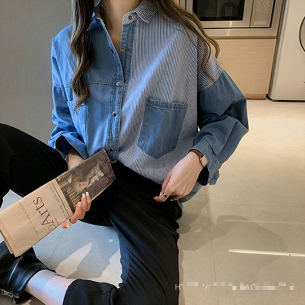 

women's blouses & shirts [ewq] 2021 spring and autumn stitching pocket casual shirt coats korean vertical stripes loose oversized ladie, White