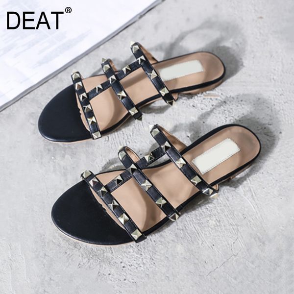 

deat] 2020 new spring summer round toe narrow band rivet casual simple outdoor flat slippers women shoes fashion tide 10h398, Black
